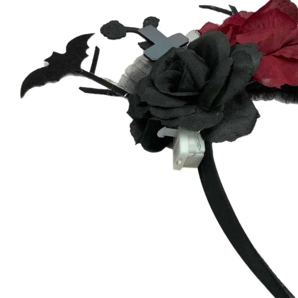 Goth Halloween LED Light Up Headband Bat Cross Roses Graveyard Costume Party
